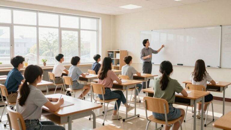 Alunos aprendendo em uma sala de aula moderna e iluminada.